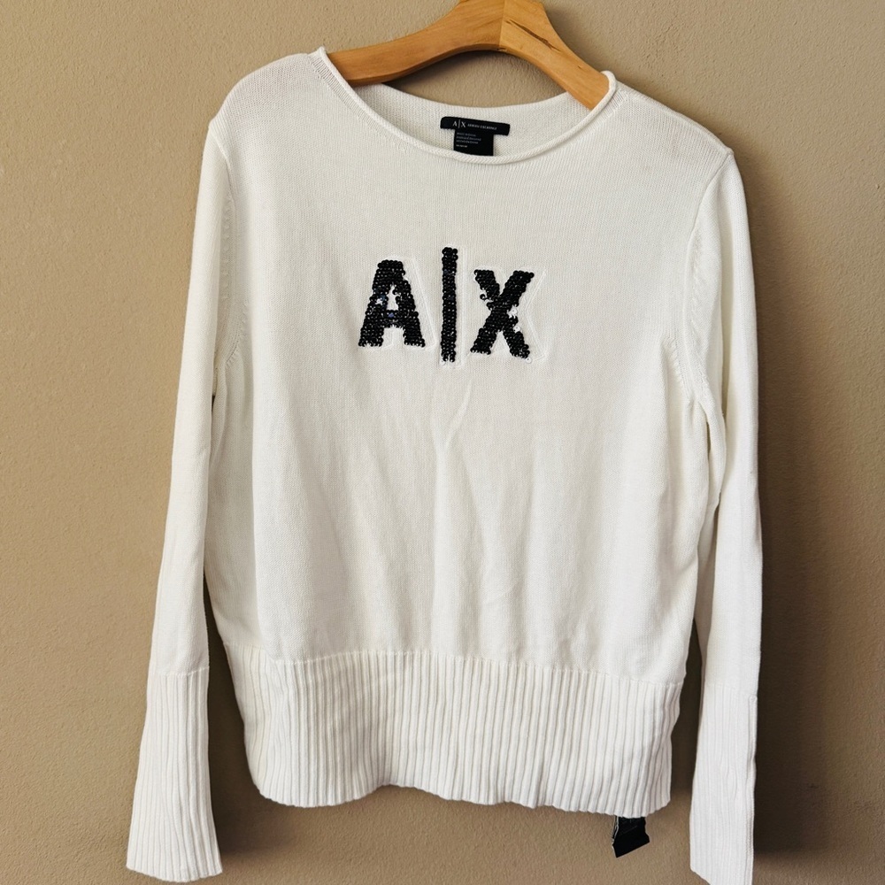 NWT A/X Armani Exchange Reversible Sequin Logo Cotton Ivory Sweater Size M